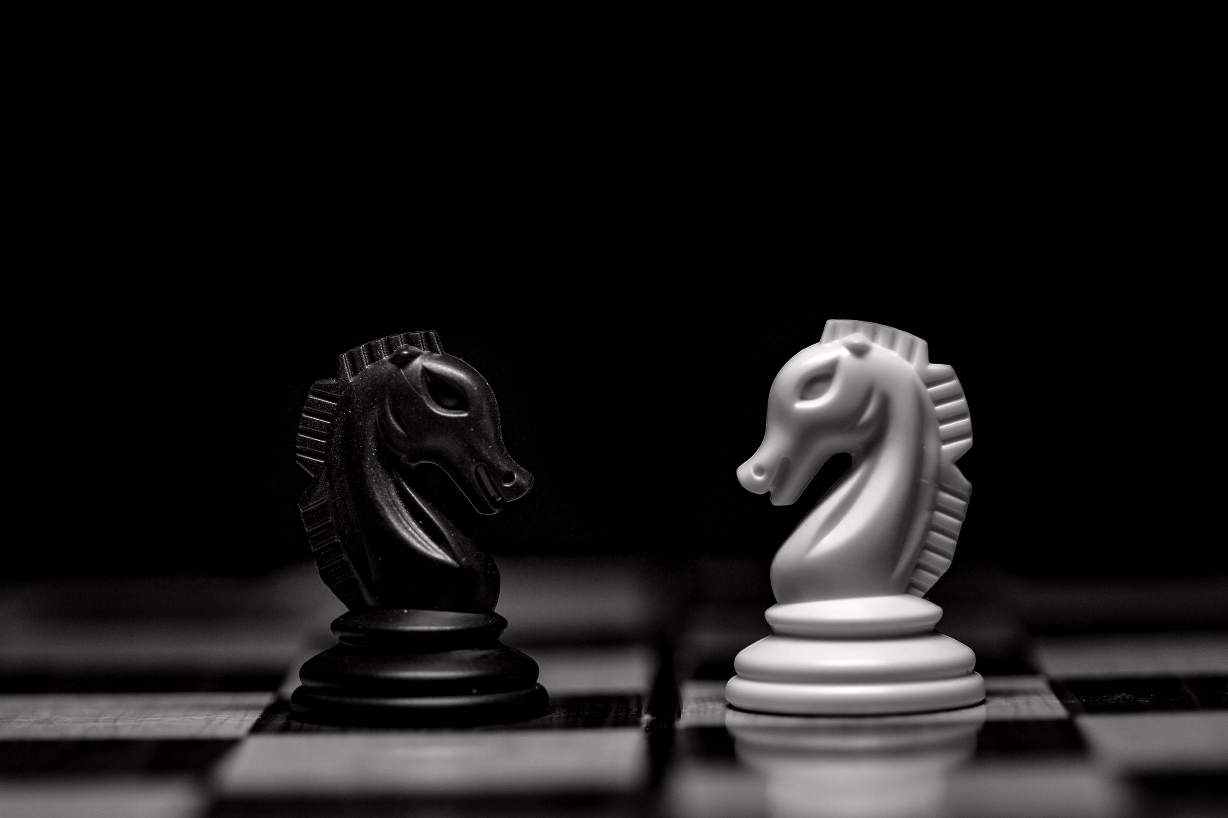 Black and white chess knights facing each other