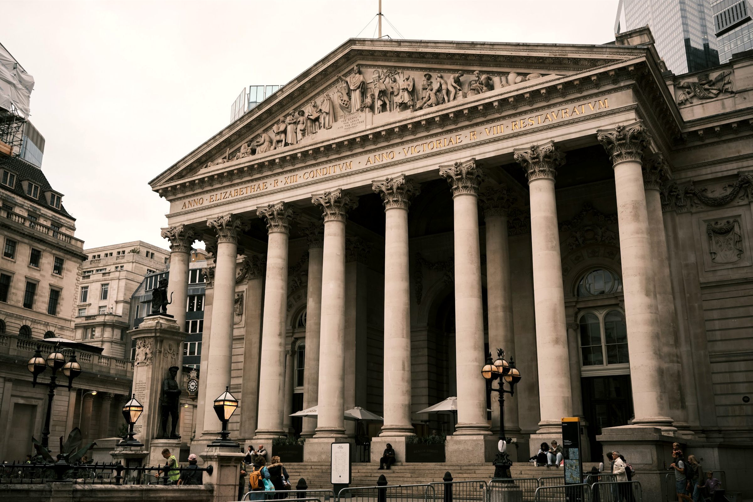 Neoclassical columns of the Royal Exchange, London