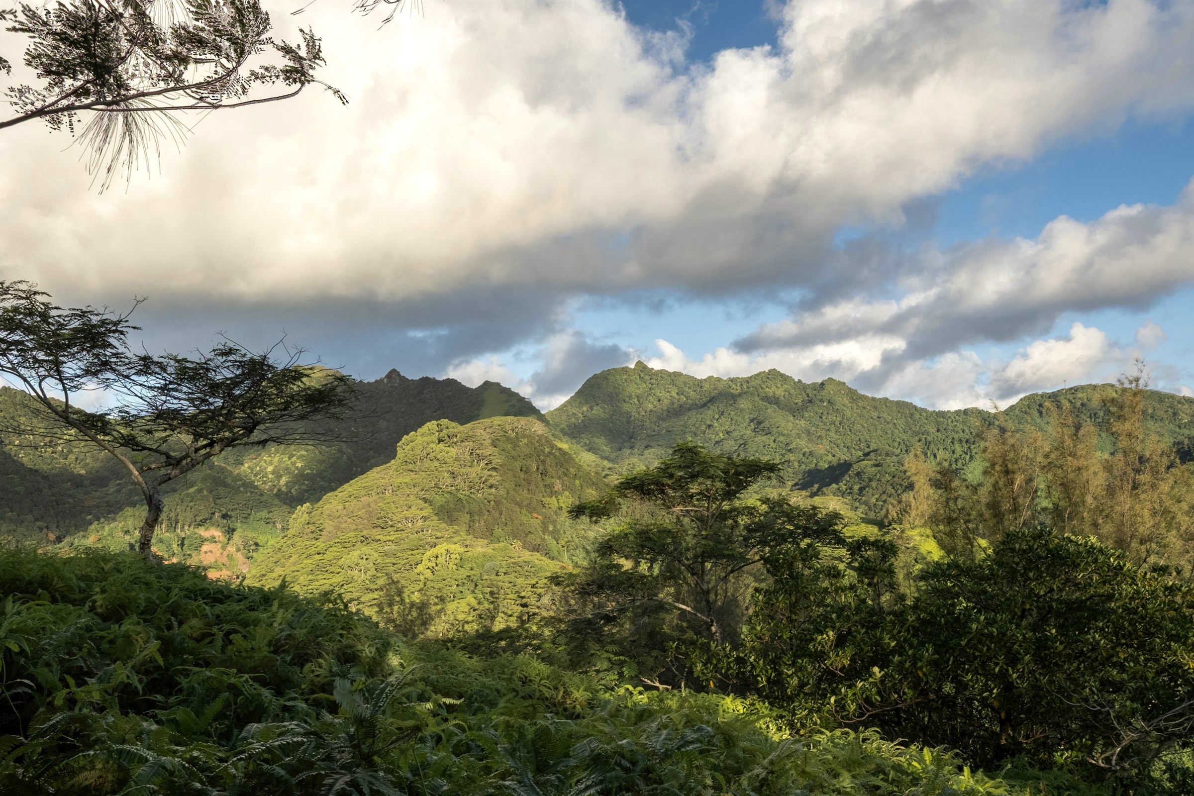 Green Rarotonga mountains under cloudy sky