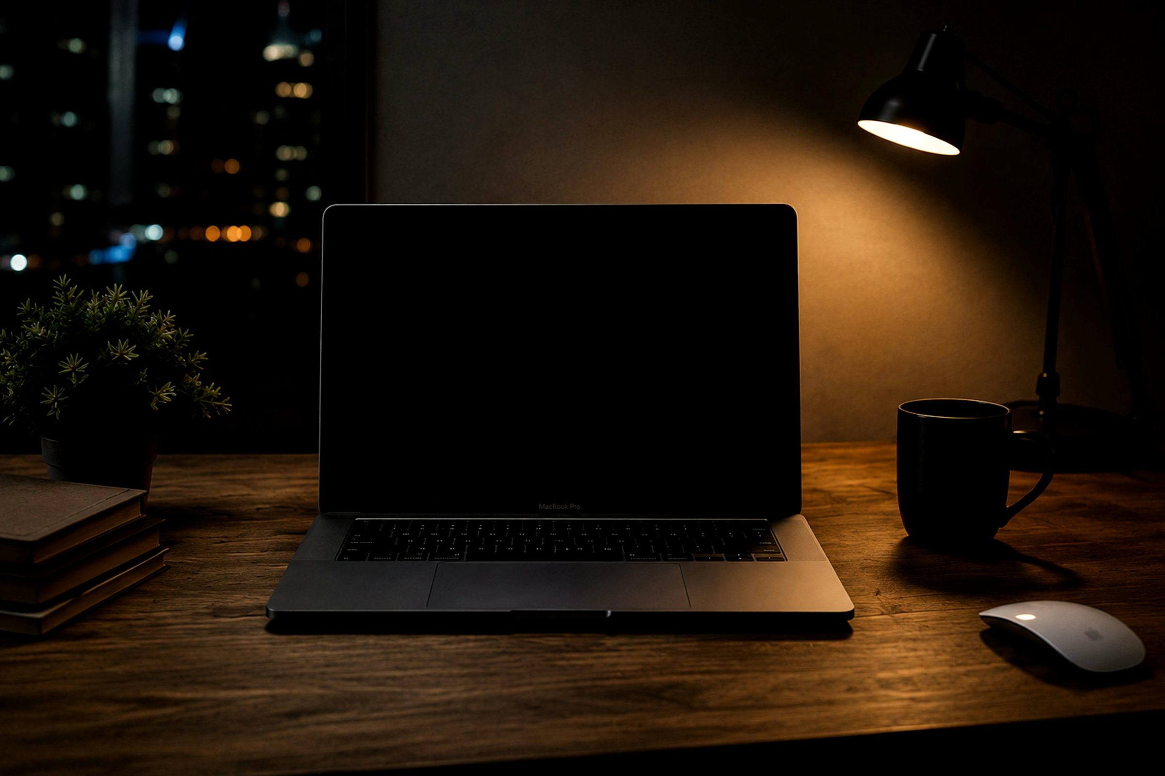 Dark desk with laptop and lamp, city lights through window at night