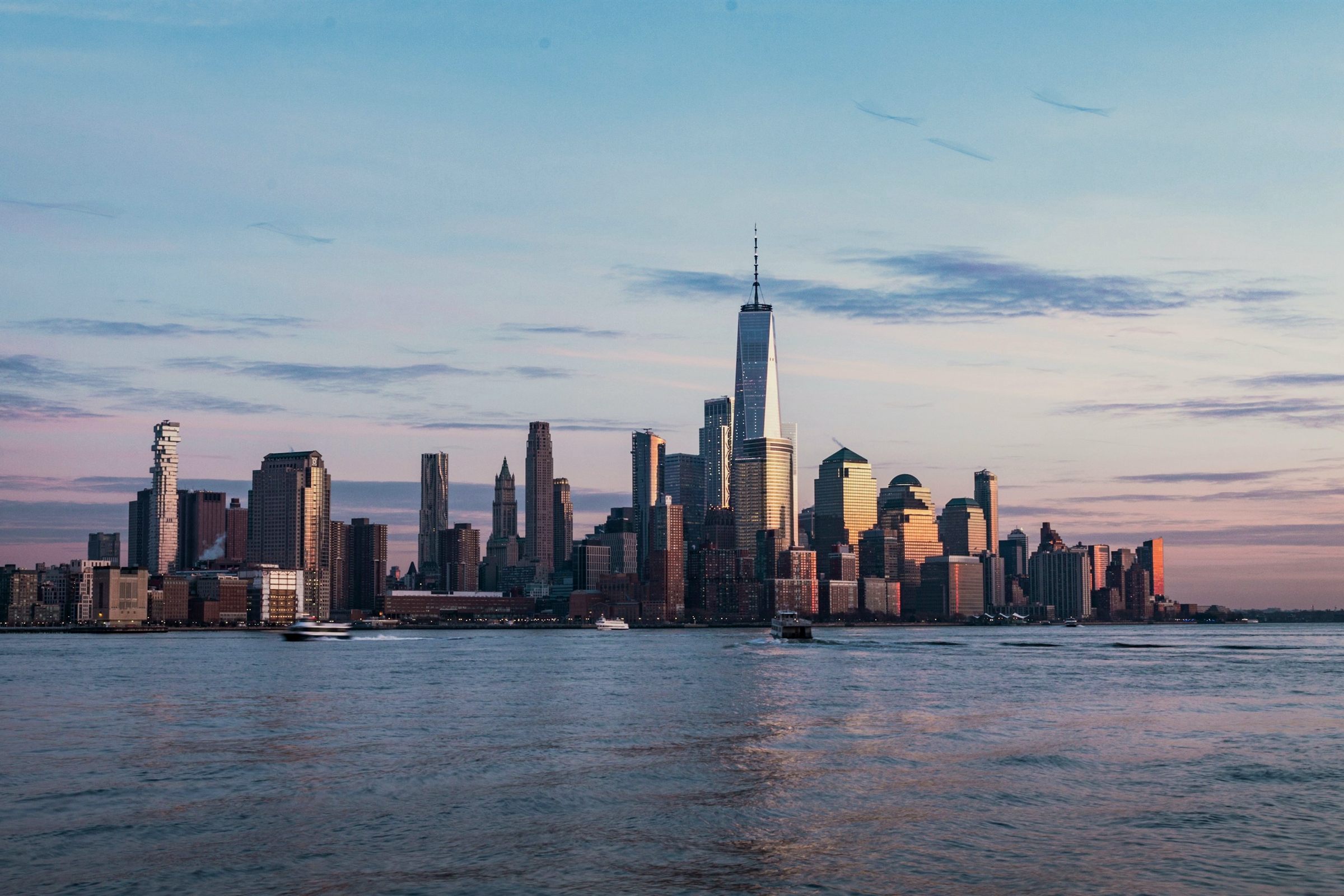 Lower Manhattan skyline at dusk, New York